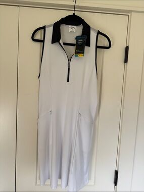 Callaway White Sleeveless Mini Dress with Black Collar and Zip